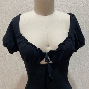 Top Shop Black Tie-Front Puff Sleeve Top